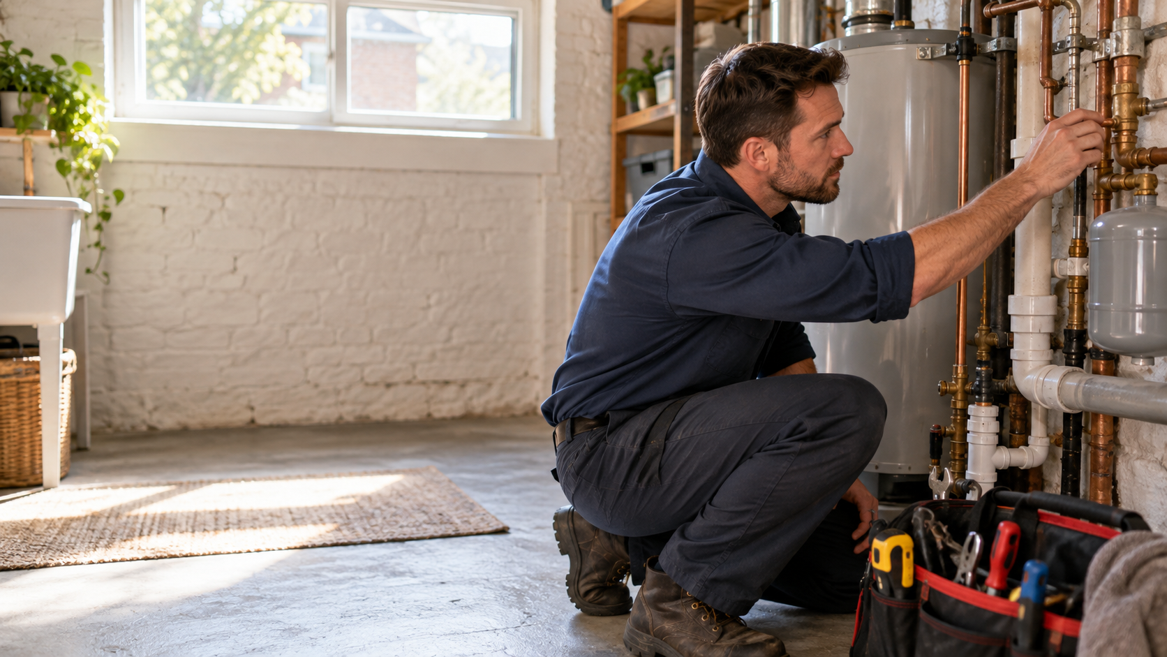 Plumbing technician inspecting pipes in a residential utility room